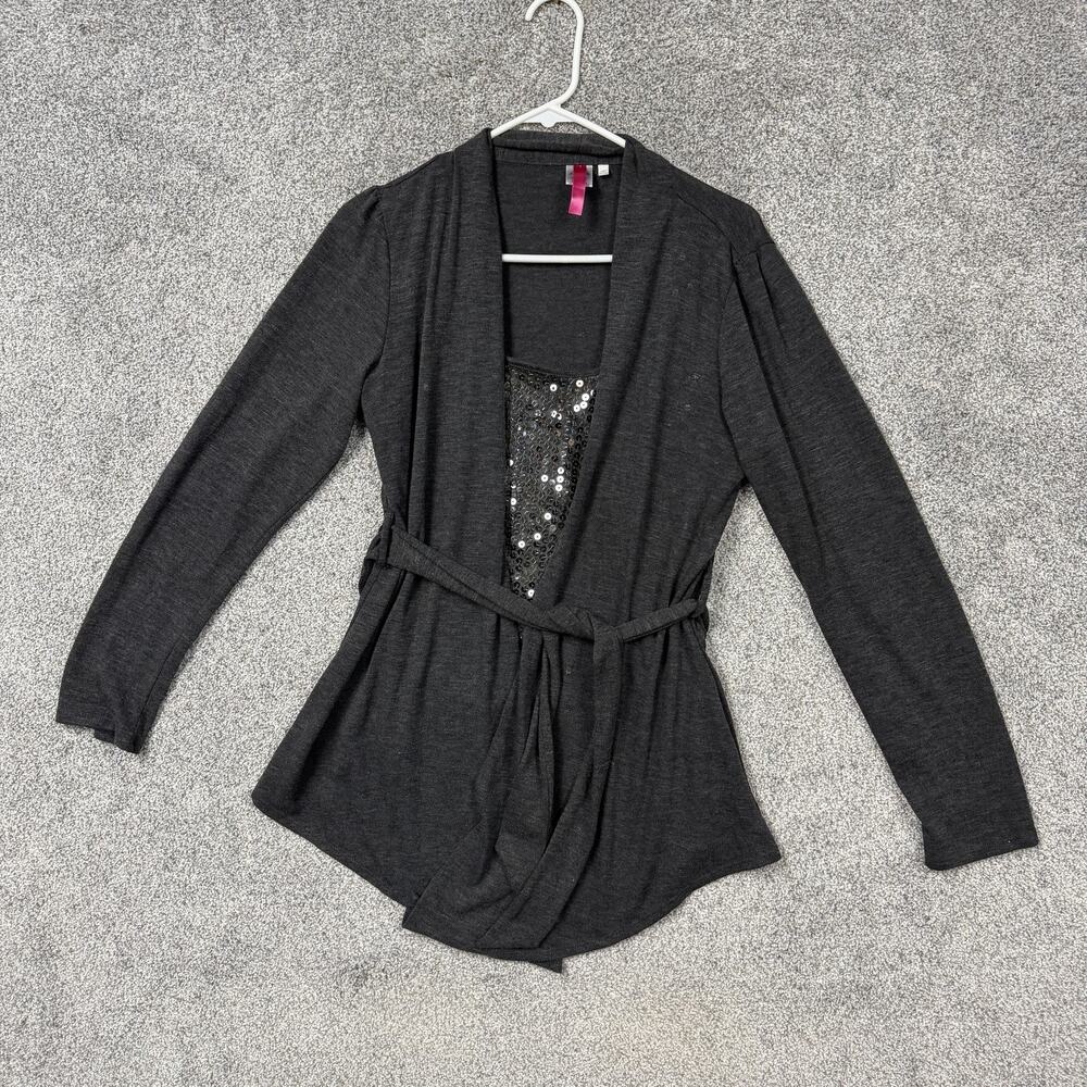 Cardigan Sweater Womens XL Gray Sequin Open Front Belted Gothic Party Girl Y2K